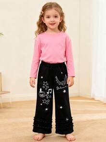 Girls' Cartoon Print Straight Pants, Children's Halloween Clothes With Bat & Pumpkin Pattern, Suitable For Spring And Autumn