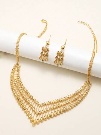 3pcs Elegant Water Drop V-Shaped Jewelry Set, Gold-Plated Copper Necklace And Earrings. Suitable For Women's Daily, Party And Wedding Wear.