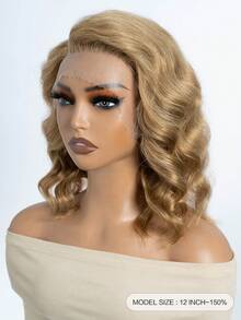 QVR QUEEN VIRGIN REMY 150% 密度波浪卷发波波头假发，真人发丝，宽松深蕾丝前额波波头假发，侧分，预先拔毛 - 金色 - 查看 5