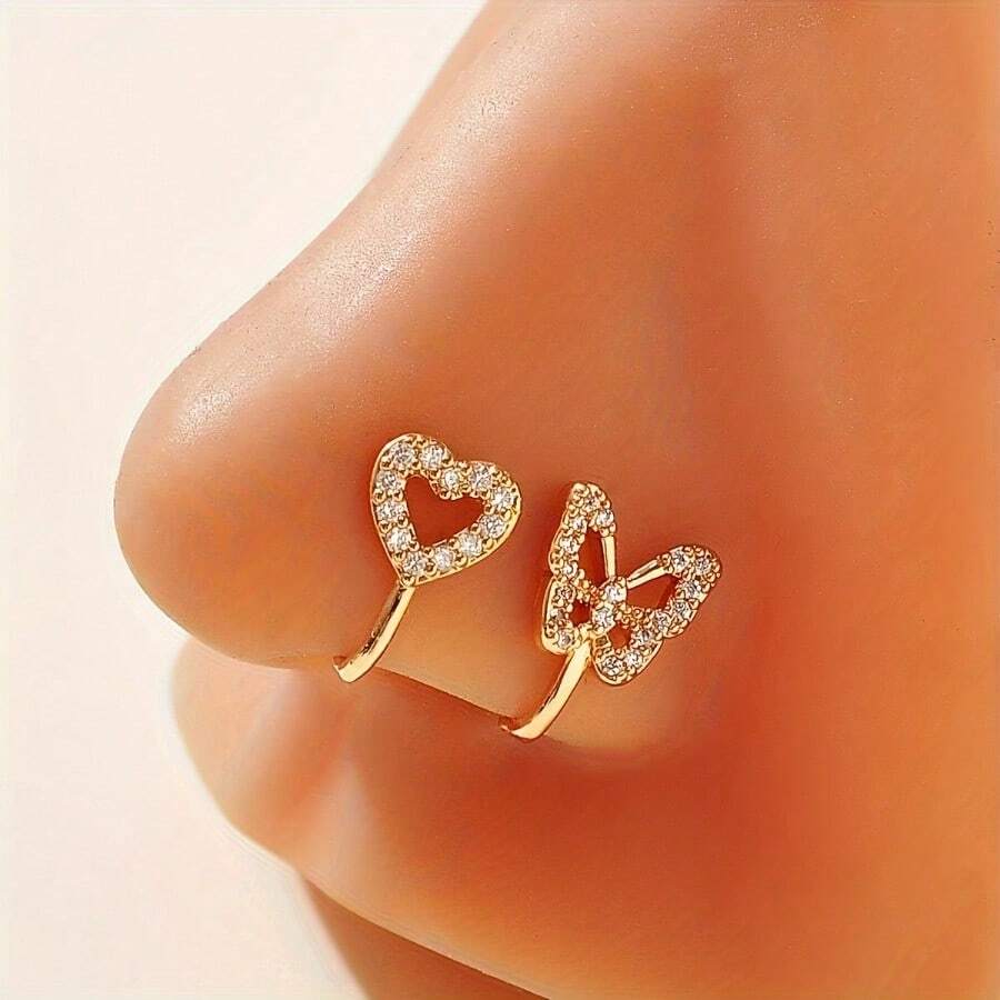 2 Pieces Of Fashionable And Elegant Copper Inlaid Zirconia Free Piercing Heart-Shaped Butterfly Nose Nail Nose Clip Fake Nose Ring Fake Piercing Jewelry Set Holiday Gift For Women - 2件金色 - 查看 1