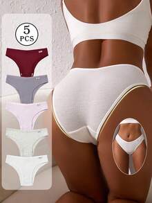 5pcs Pack Women's Ribbed Panties, High Elasticity Solid Color Letter Design Low Waist Briefs - Multicolor - View 5
