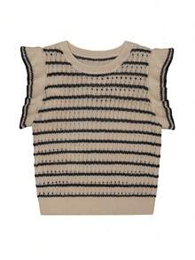 Women's Crochet Knit Striped Sweater Vest Lightweight Crewneck Ruffles Cap Sleeve Top Nutmeg Color  Striped  Colorblock    Casual    Rib-Knit  Ruffle    Vacation - 黑多色 - 查看 5