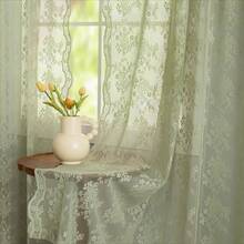 Sage Green Lace Curtains 54 Inch Length 2 Panels, Romantic Floral Pattern, Short Sheer, Bedroom, Laundry Room, Filtering, Boho Kitchen Small Window Treatments, W52 X L54, Sage - Olive Green - View 10