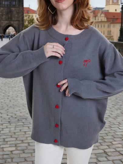 Women's Grey Cardigan With Red Embroidered Bow For Autumn/Winter​