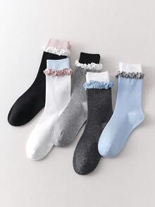 1 par de calcetines de media caña con volantes sin hueso, estilo ballet para mujer, diseño a bloques de color negro y blanco, moda coreana