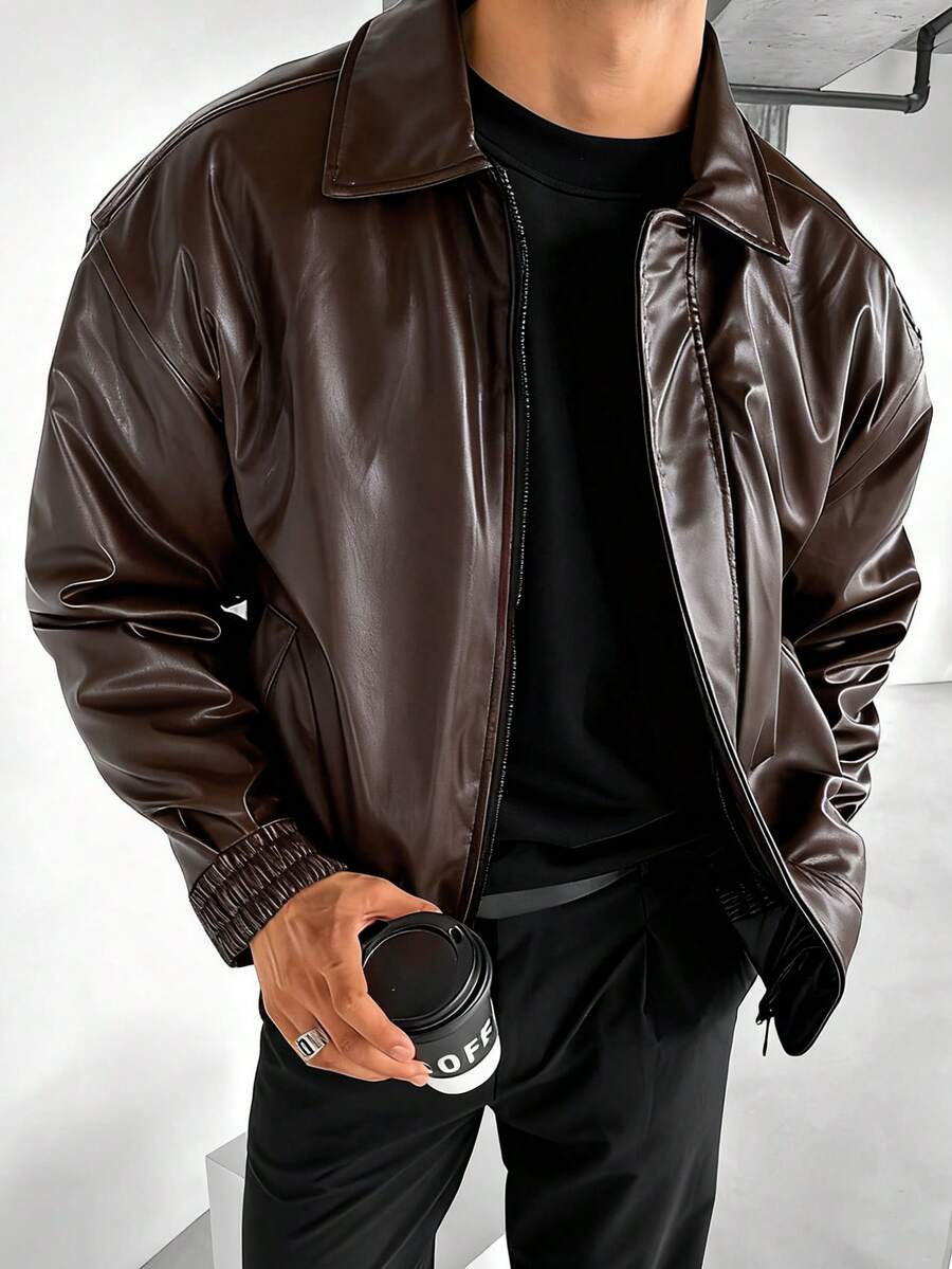 جاكيت جلدية رجالية كاجوال فضفاضة، مناسبة للخريف والشتاء