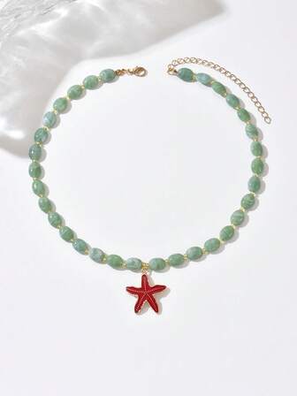 1pc Elegant & Fashionable Women's Bohemian Jewelry Necklace With Assorted Ocean Elements - Gold Starfish, Colorful Faux Shell, Seashell, Gold Fish Pendant, Seahorse, Red Lobster, Mermaid, Crab, Bamboo Bead, Faux Jade Bead, Suitable For All Seasons