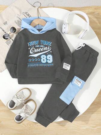 2pcs Young Boy Casual "NEW YORK" Letter Print Hoodie Sweatshirt + Pants Set, Autumn/Winter