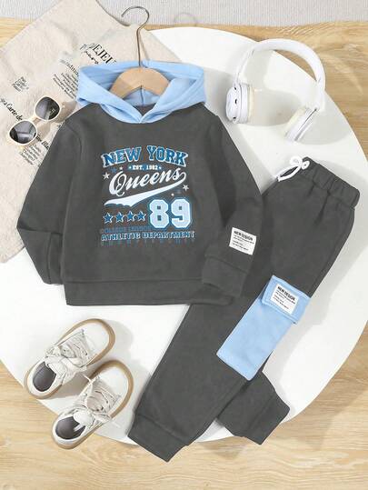Conjunto de 2 piezas de sudadera con capucha y pantalones con estampado de la letra "NEW YORK" para niño, estilo casual, para otoño/invierno