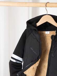 2pcs Boys Casual Fleece Jacket And Pants Set, Striped Print Pattern, Letter Graphic, Zip-Up Hooded Thick Warm Outerwear And Sweatpants, Comfortable Sporty Outfit Suitable For Outdoor Activities, Autumn/Winter