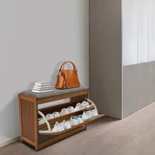 Shoe Storage Bench, Bamboo Entryway Bench, 2-Tier Shoe Rack, 27.5*9.4*17.3in Shoe Organizer With Padded Seat Cushion For Entryway Living Room Bedroom, Holds Up To 220.5 Lbs, Brown, Simple Assembly