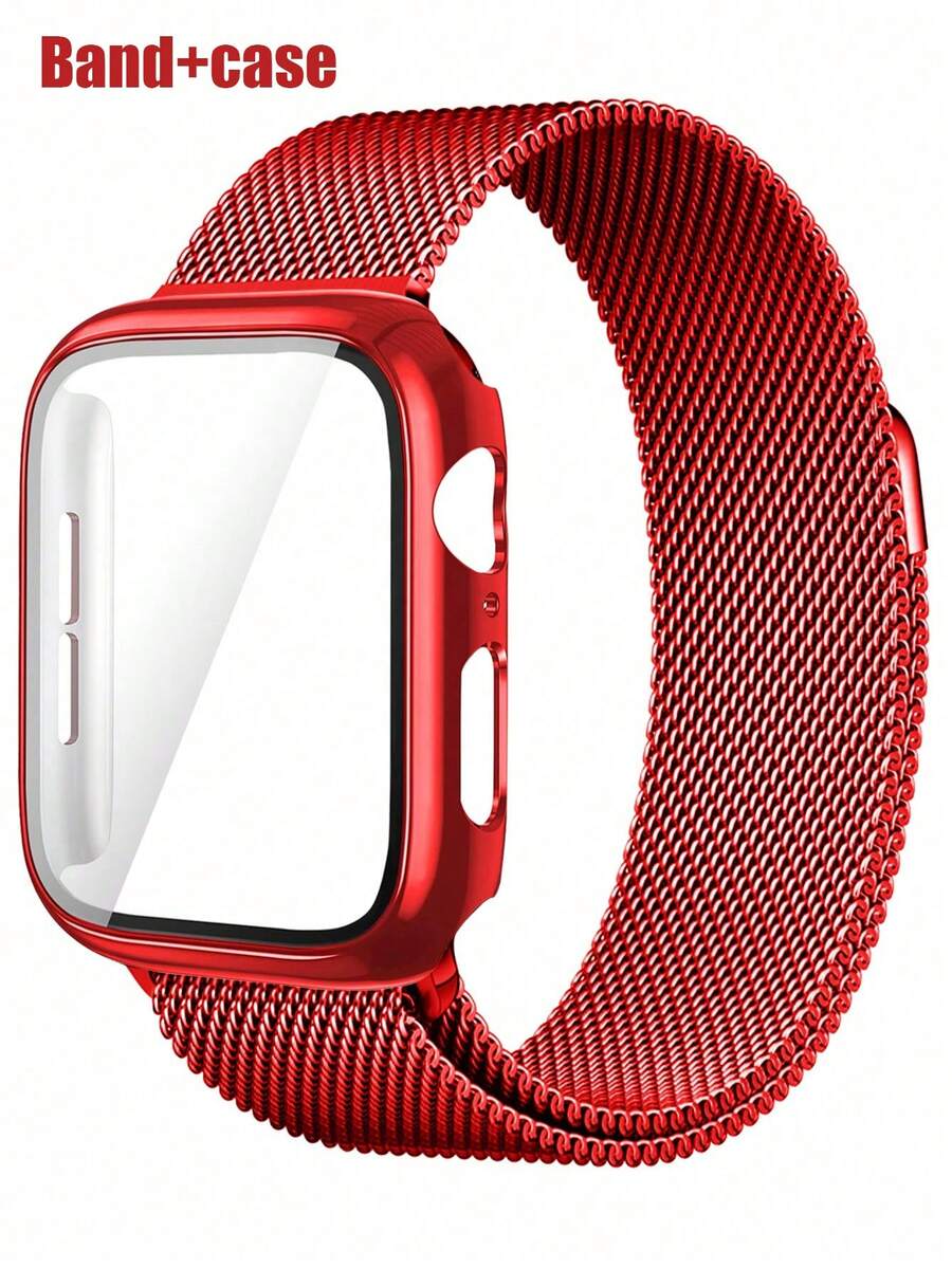 兼容 表带和表壳：时尚、柔软、透气、可调节。采用圆形编织不锈钢磁吸表带和二合一防摔防刮钢化玻璃 PC 表壳。兼容 Series Ultra、11/10/9/8/7/6/5/4/SE 以及 40/41/42/44/45/46/49 毫米表带和表壳。米兰式表带和简约表壳，佩戴舒适。 - 紅色 - 查看 1