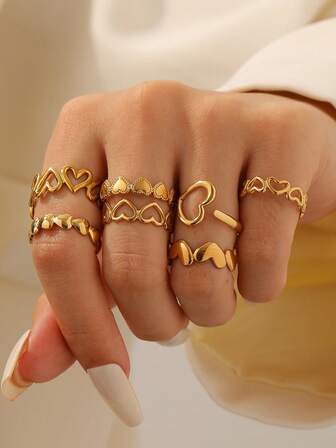 7pcs/Set Fashionable Minimalist INS Cute 18K Gold Plated Stainless Steel Heart Shaped Open Ring, Suitable For Women Daily, Party, Date Wear