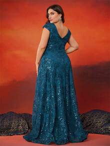 BluePlum High Quality Embroidered Sequin V-Neck Cover Sleeves With A Line Hem Design,Mid Waist Handmade Bead Design,Plus Size Elegant Luxurious Long Dress For Women, Making Women Younger And More Charming, Suitable For Various Parties, Graduations, Weddings, Events And Various Banquets And Dancing Parties, Formal Ball Gown For Women (Deluxe Edition) Party Dress Wedding Guest Dress Evening Dress