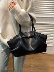 1 件女士大容量手提包复古 PU 皮革托特包，勃艮第红色大容量手提包带腰带装饰，PU 材质单肩托特包，时尚复古简约风格，适合女性购物、通勤、日常使用 - 黑色 - 查看 4