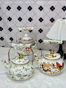 1 件带花柄的陶瓷水壶（蓝星花、农场、宝藏），饮具，茶具，可用于炉灶、煤气炉、火炉和壁炉、节日派对、户外露营便携式茶壶，适合作为送给亲戚朋友的礼物 - 彩色 - 查看 5