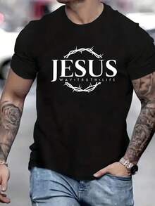 Men's Christian Faith T-Shirt - White With Bold Black Jesus Graphic, Lightweight Summer Religious Apparel For Church, Casual Attire - Machine Washable Tee, Church Clothes, Faithbased Attire, Casual Style, Comfortable Fit, Spiritual Attire, Round Neck, Breathable Fabric, Faithinspired Clothing, Adult Men - màu đen - Xem 1