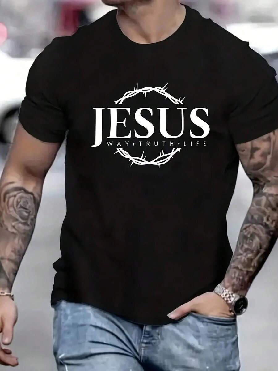 Men's Christian Faith T-Shirt - White With Bold Black Jesus Graphic, Lightweight Summer Religious Apparel For Church, Casual Attire - Machine Washable Tee, Church Clothes, Faithbased Attire, Casual Style, Comfortable Fit, Spiritual Attire, Round Neck, Breathable Fabric, Faithinspired Clothing, Adult Men - màu đen - Xem 1
