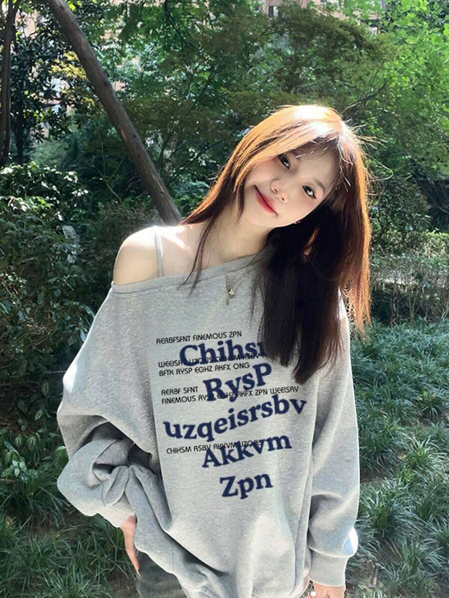 复古宽松露肩字母印花卫衣，休闲街头风，秋冬 - 花灰色 - 查看 1