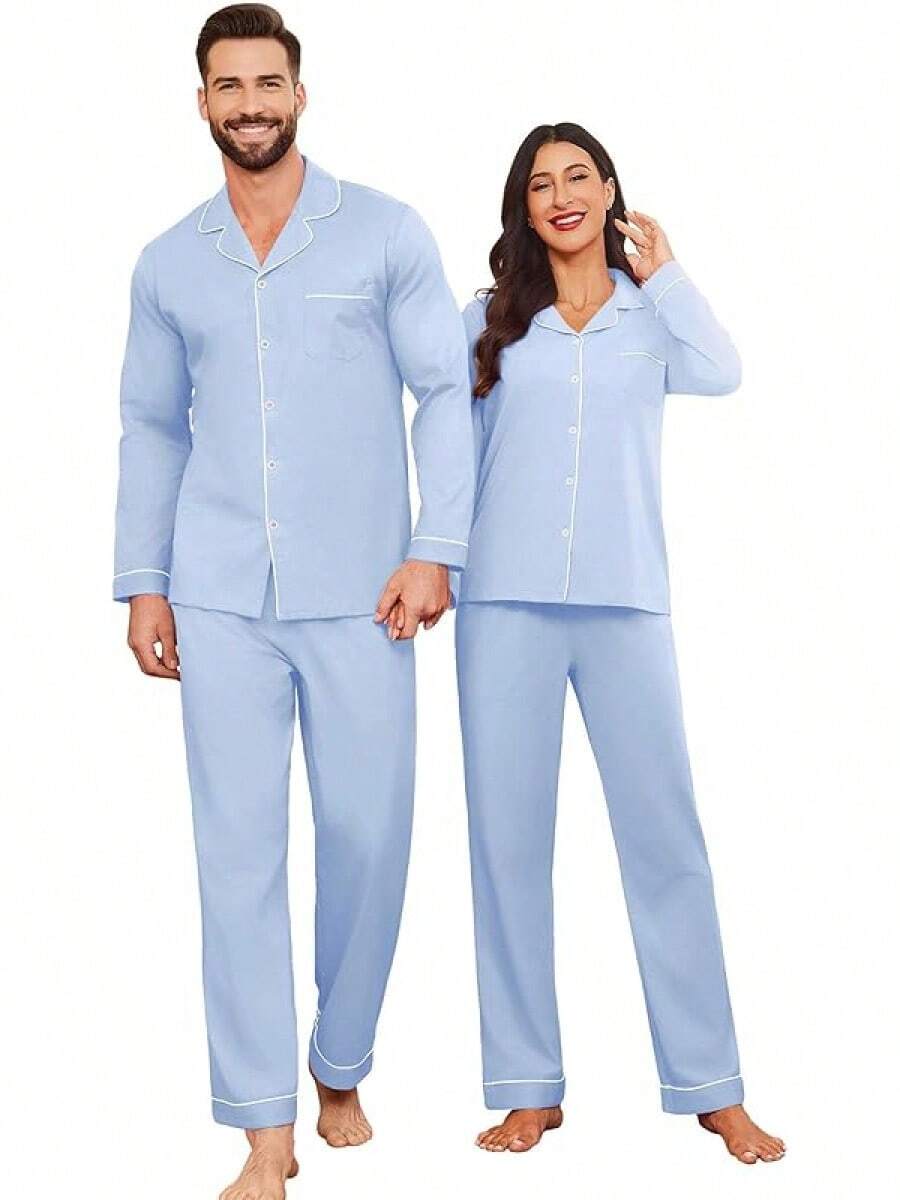 Couple Matching Pajamas 100% Cotton Long Sleeve Sleepwear Button Down Loungewear Pjs Set S-XXLhalloween - 淺藍色 - 查看 1