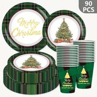 90 pezzi Set di stoviglie monouso a tema natalizio verde, inclusi 30 bicchieri di carta, 30 piatti di carta da 7 pollici, 30 piatti di carta da 9 pollici, perfetto per campeggio, barbecue in giardino, picnic, matrimoni, Natale, feste e compleanni, adatto per decorazioni per feste, decorazioni per la casa, decorazioni per compleanni, decorazioni per feste di compleanno