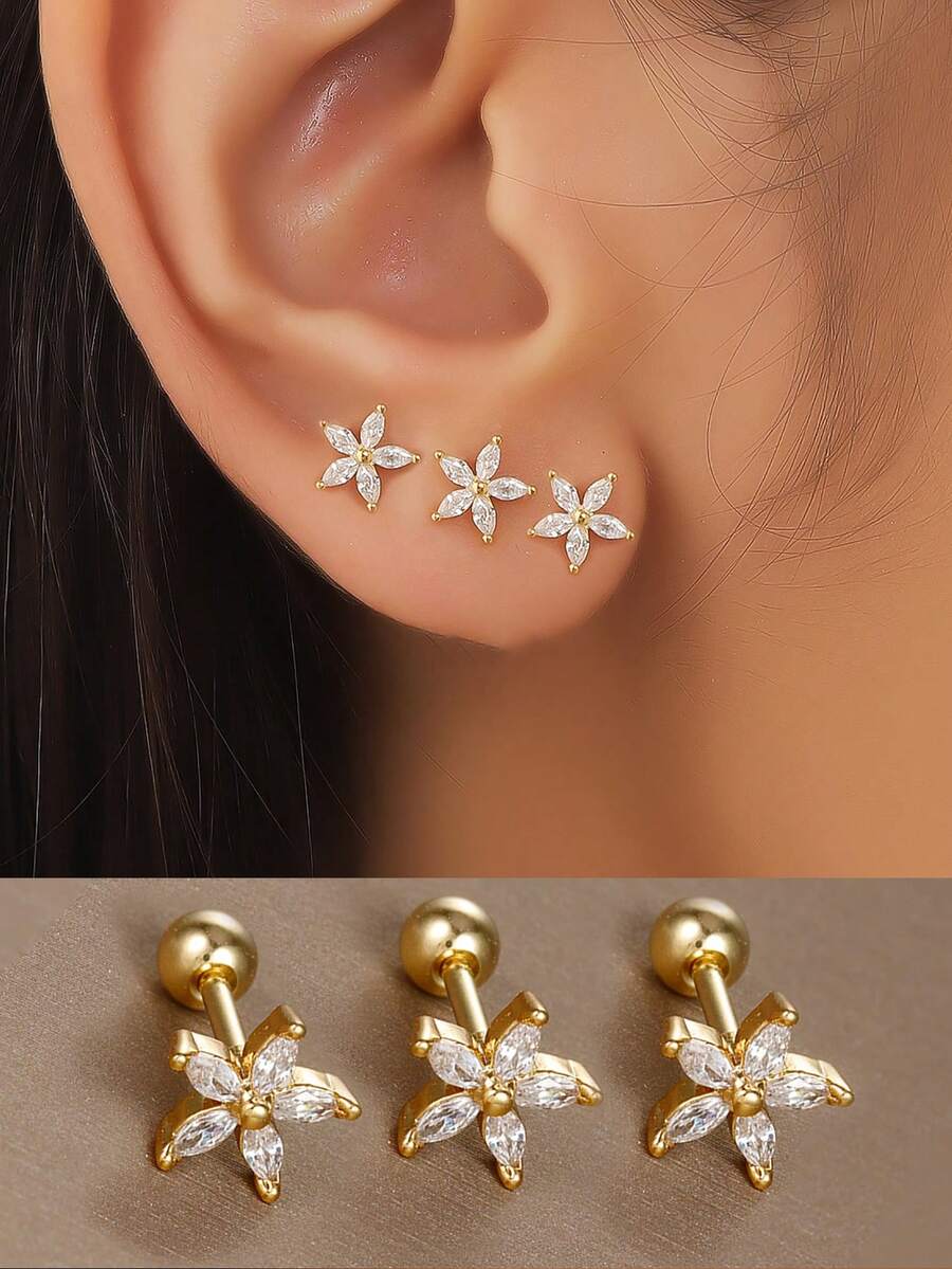 3件組不鏽鋼馬眼形CZ花瓣花朵槓鈴螺絲球平背耳釘，18K鍍金女性軟骨穿刺飾品 - Gold-2# - 查看 1