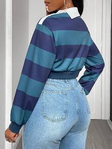 Women's Sexy Street Style Asymmetric Contrast Striped Collared Long Sleeve Cropped Sweatshirt, Autumn/Winter