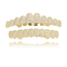 قطعتان/قطعة واحدة من الزركونيا النحاسية للأسنان، مجوهرات أسنان بطراز الهيب هوب الجنسي، جريلز مرصع بالألماس لحفلات الزينة مع 10 أسنان