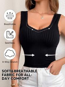 Áo hai dây không tay mềm mại, màu trơn viền ren dành cho nữ, mùa hè - màu đen - Xem 4