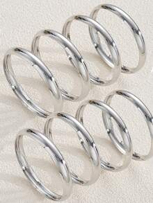 8/4pcs Thick Hoop Metal Bangle Set, Women's Bangle Set, Women's Stackable Bangle Jewelry, Thick Hoop Bangle Set - Silver - View 6