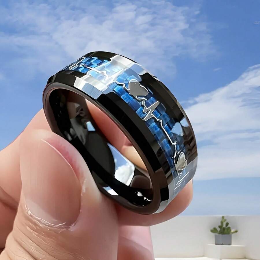 Stainless Steel Ring With Unique Heartbeat Design - 8MM Size, Fashionable Finger Ornament - Black - View 1