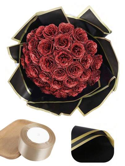 Ramo de rosas rojas brillantes con purpurina, flores artificiales eternas, regalo de San Valentín, Navidad, propuesta, cumpleaños, decoraciones para fiestas en el hogar, aniversario, suministros para bodas, flores falsas (sin papel de envolver)
