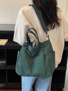 1pc Autumn/Winter Corduroy Multi-Pocket Tote Bag, Solid Color Durable Large Capacity Casual Bag, Unisex Outdoor Organizer Shopping Handbag For Work Office