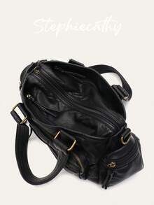 STEPHIECATHY Solid Color Washed Soft PU Faux Leather, Zipper Closure, Multi-Pocket Design, Dual Short Shoulder Straps, Adjustable Waist Belt, Unisex, Retro Casual Practical, Suitable For School & Daily Commute - Black - View 5
