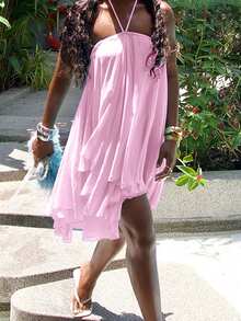 Đầm ngắn không tay, dây mảnh, hở lưng dành cho nữ, kiểu dáng gợi cảm, thanh lịch, thích hợp cho công sở, đi làm và đi nghỉ mát, màu hồng mùa hè. - Hồng - Xem 3