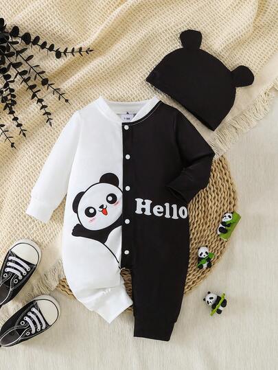 Söt tecknad panda digitaltryck kontrastfärgad jumpsuit med liten öronhatt, avslappnad utomhuskläder för vår och höst