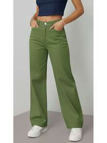 BNB Women's Wide Leg Jeans, High Waist, Elegant Outfits, Premium Twill - 開心果綠 - 查看 1