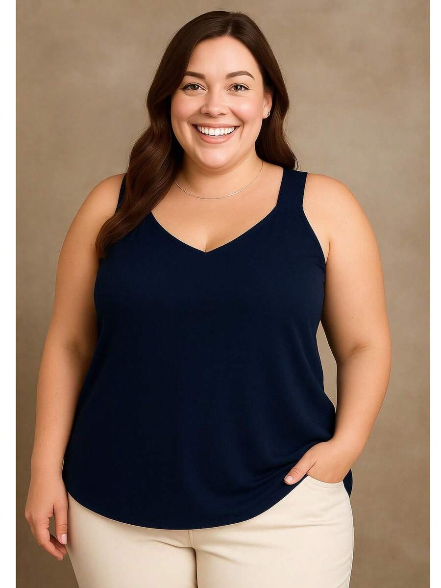 Women's Plus Size Blouse Wide Strap Tank Top Basic Crepe V1 Collar Tank Top Various Colors - 藏蓝色 - 查看 1