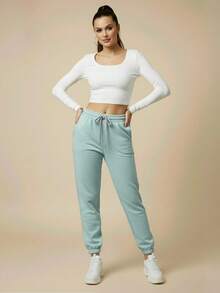 Women's Plush Jogger Sweatpants With Drawstring And Pocket | Winter Pants, Cold Weather Clothing, Comfortable, Warm, Casual, Thermal - 冰綠色 - 查看 4