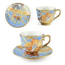 6-Piece Floral Ceramic Tea Cup Set With Saucers | 3.5oz Espresso Cappuccino Coffee Cups | Elegant Tea Party Gift For Women Mothers Day - 藍色 - 查看 4