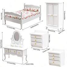 Bộ trang trí phòng ngủ nhà búp bê bằng gỗ tỷ lệ 1:12, bao gồm giường, tủ đầu giường, tủ quần áo cổ điển, bàn trang điểm, đồ nội thất thu nhỏ, đồ trang trí nhà búp bê, quà tặng sinh nhật/Giáng sinh. - Nhiều màu - Xem 3