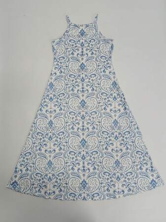 Moderiktig Lätt Elegant Dam Sommar Semesterstil Avslappnad Mångsidig Slim Fit Utomhus/Inomhus/Resa/Arbete Klänningsalternativ, Dam Vår/Sommar Ärmlös Rund Hals Mönster Lång Maxiklänning Linne