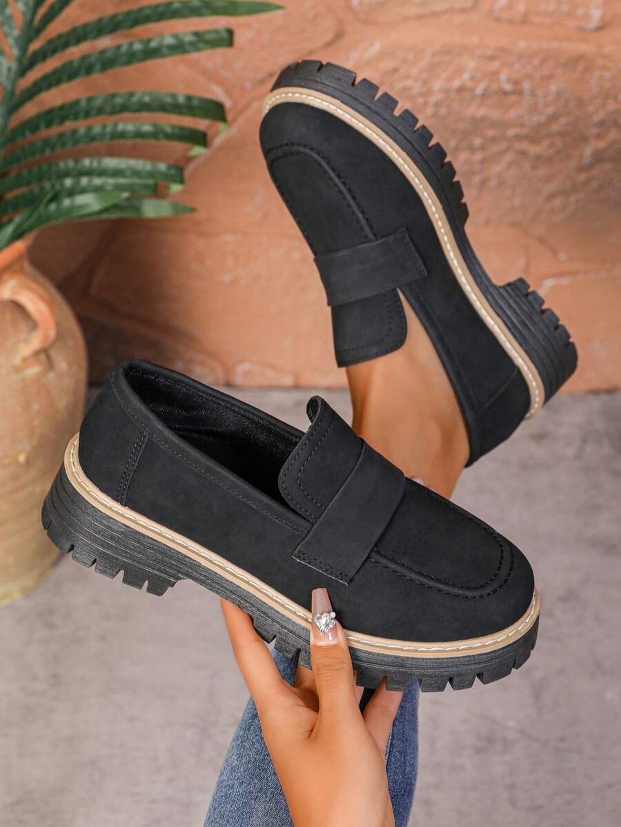 1 Pair Women's Retro Thick Sole Black Loafers, Fashionable Casual Slip-On Shoes - Black - View 1