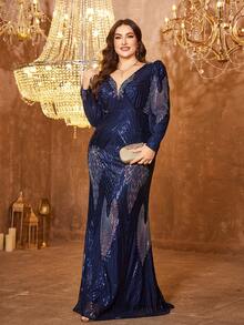 [随机剪裁] 女士V领公主袖亮片拼布鱼尾下摆优雅派对正式晚礼服 - 藏蓝色 - 查看 3