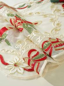 1pc Polyester Mesh Fabric Christmas Table Runner With Chain Embroidery, Christmas Flowers, Candles, Bells And Other Christmas Elements, European Style, Suitable For Kitchen, Dining Table, Desk, Coffee Table, Cabinet, Home Decor, Indoor & Outdoor, Party, Wedding Decorations, Multiple Sizes Available