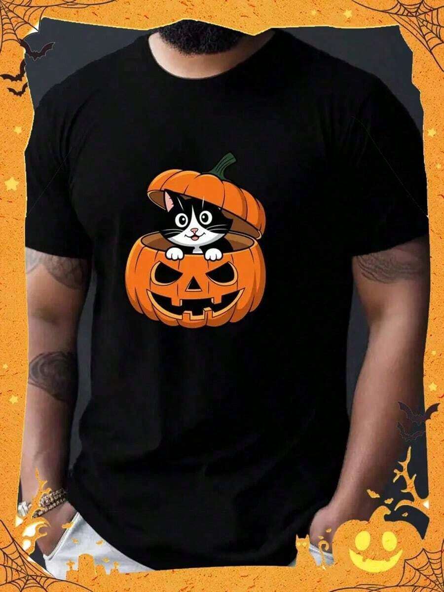 Real Man~Men's Halloween Pumpkin Cat Print T-Shirt - Casual Short Sleeve Graphic Tee With Playful Black & White Kitty Design, Round Neck Summer Top For Halloween Parties & Casual Attire,Nightmare Before Christmas,Christmas,Halloween Costumes,Funny T Shirts,Summer Outfits,Thanksgiving Day,Men Graphic Tees,Streetwear Men - màu đen - Xem 1