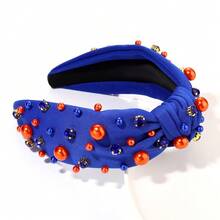 Pearl Knotted Headband, Blue, Fabric, For Women Football Game Day, Pearl Rhinestone Jeweled Hairband, Team Spirit Sports Fashion Ladies Wide Headband, Hair Accessories, One Size Fits All - 藍色A - 查看 5