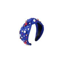American Flag Headband USA Red White Blue Pearl Rhinestone Jeweled Knotted Hairband 4 Th Of July Patriotic Fashion Wide Top Knot Headband Summer Party Hair Accessories - 紅色白色藍色珍珠髮帶藍色 - 查看 1