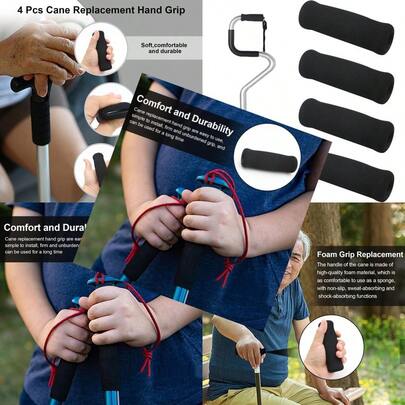 4Pcs Walking Cane Hand Grips Black Foam Replacement For Offset Canes