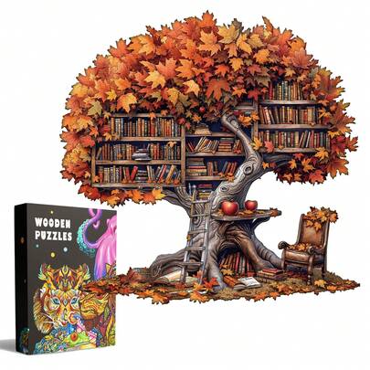 1pc Tree Library Wooden Puzzle, Asymmetrical Animal Shaped Wooden Jigsaw Puzzle Toy, Unique Party Game Gift, Decorative Art Puzzle, Tabletop Magic Puzzle, Creative Children's Educational Puzzle, Holiday Gift, Adult Wooden Puzzle, Christmas Gift, Back To School Gift, Birthday Gift (2D Puzzle)